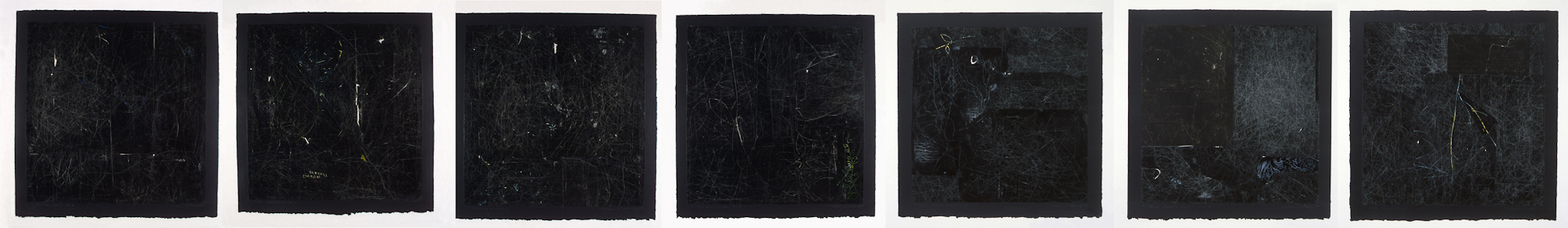 Les carrés noirs, no 1 à 7, 1998 - 1999. Gouache et crayon sur papier carbone, 46 x 322 cm.
